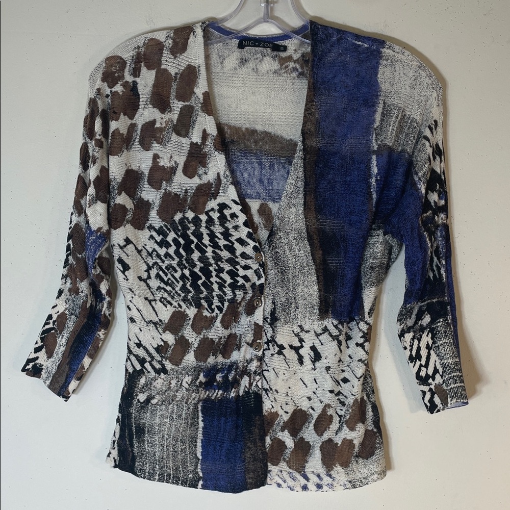 NIC+ZOE Linen Blend Multicolor Abstract Cardigan. PP.